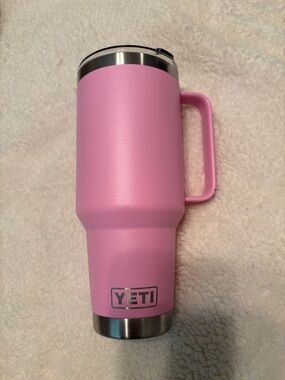 Yeti Pink Insulated Travel Mug with Handle and Stainless Trim